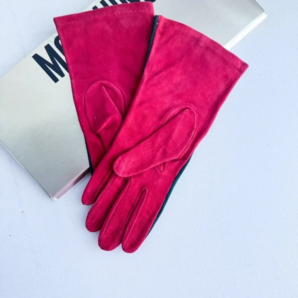 Moschino Red Black Colorblock Suede Gloves w Original Packaging S